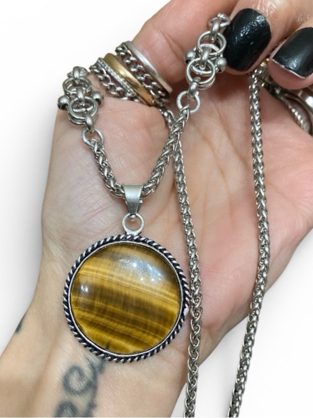 Golden brown tiger eye round gemstone charm Celtic knot steel necklace